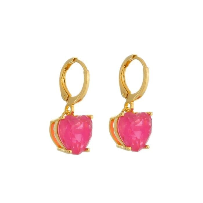 Brinco Dourado Argolinha Pedra de Coração Rosa - Imagem 1