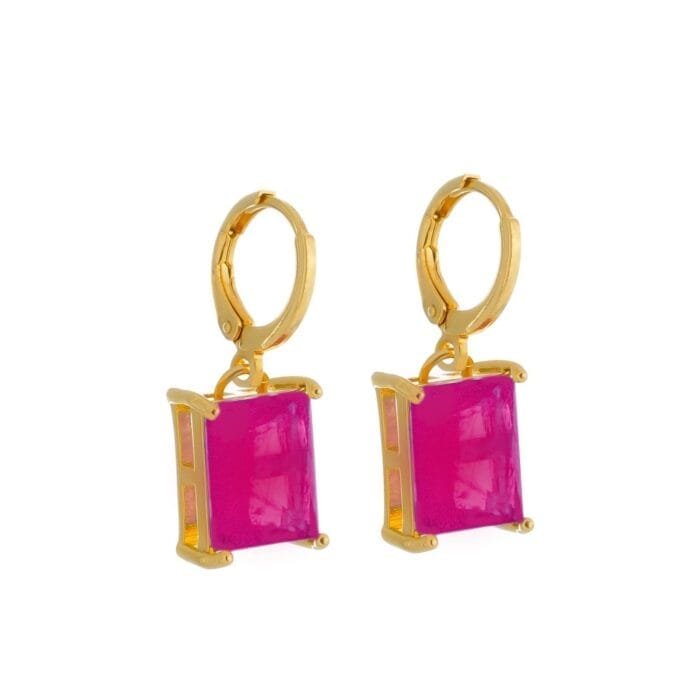 Brinco Dourado Argolinha Pedra Retangular Rosa - Imagem 1