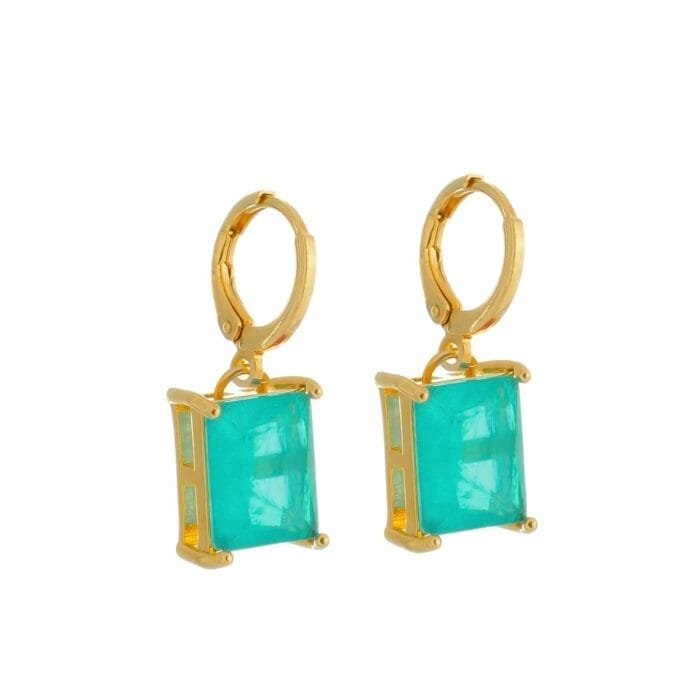 Brinco Dourado Argolinha Pedra Retangular Verde - Imagem 1