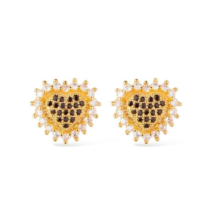 Brinco Dourado de Coração Cravejado com Pedras de Zircônia e Detalhes em Strass Negro - Imagem 1