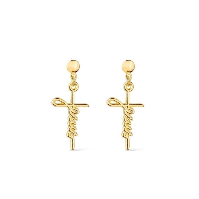 Brinco Dourado de Cruz com a palavra Jesus - Imagem 1