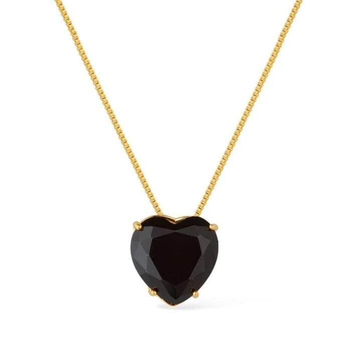 Colar Dourado de Coração Pedra Natural Preta - Imagem 1