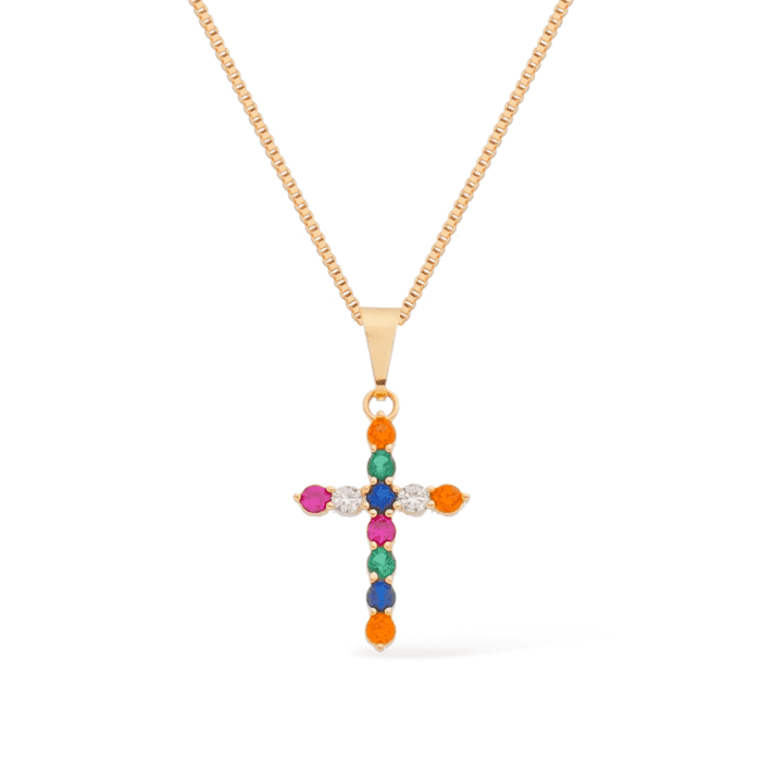 Colar Dourado de Cruz com Zircônias Coloridas - Imagem 1