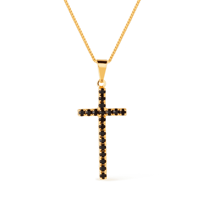 Colar Dourado de Cruz Cravejado de Pedra Natural Negra - Imagem 1