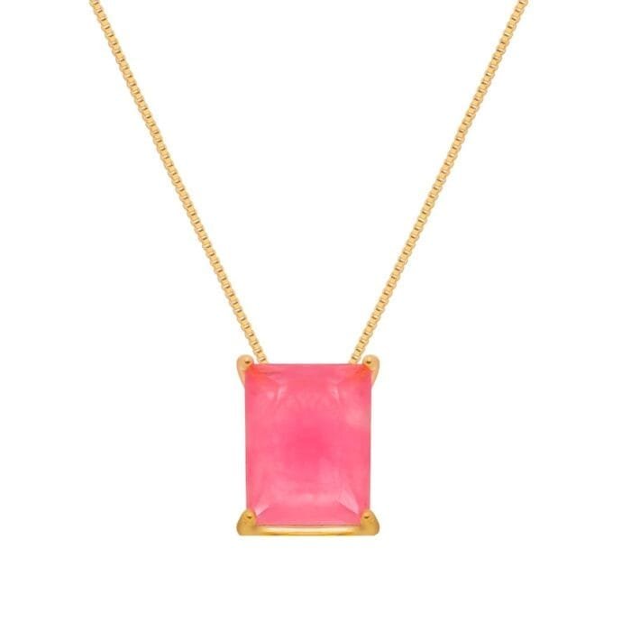 Colar Dourado de Pedra Retangular Rosa - Imagem 1