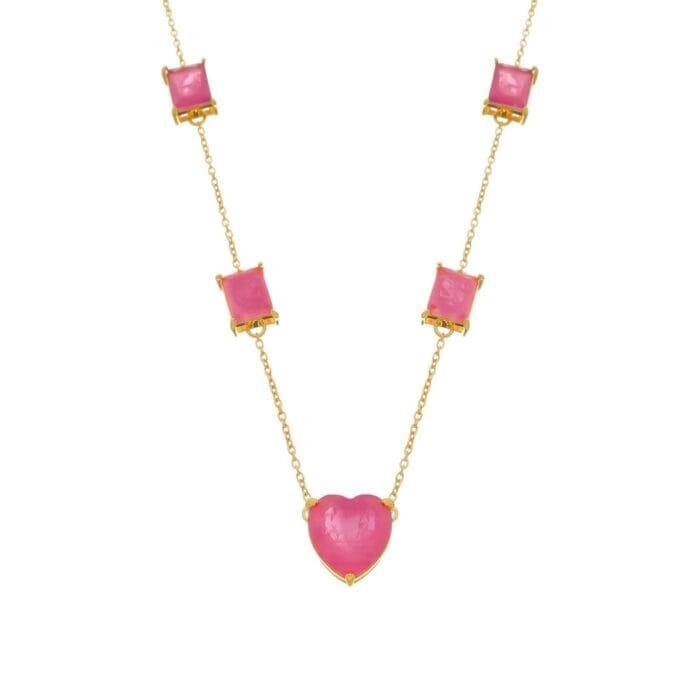 Colar Dourado de Pedras Coração e Retângulos Rosas - Imagem 1