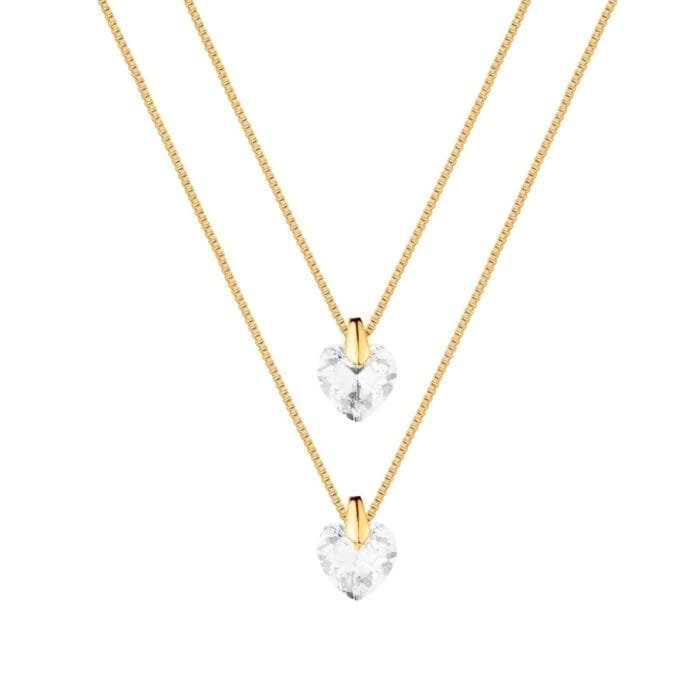 Colar Dourado Duplo de Coração em Cristal - Imagem 1