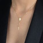 Colar Dourado Religioso Terço Cruz e Pérolas - Imagem 2