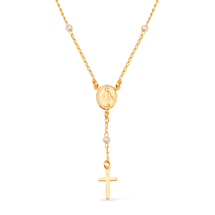 Colar Dourado Religioso Terço Cruz e Pérolas - Imagem 1