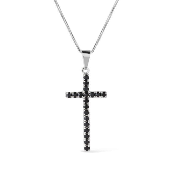 Colar Prateado de Cruz Cravejado de Pedra Natural Negra - Imagem 1