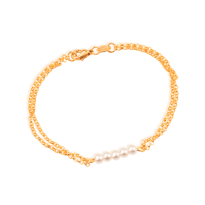 Pulseira Dourada Dupla Elo Português com Pérolas - Imagem 1