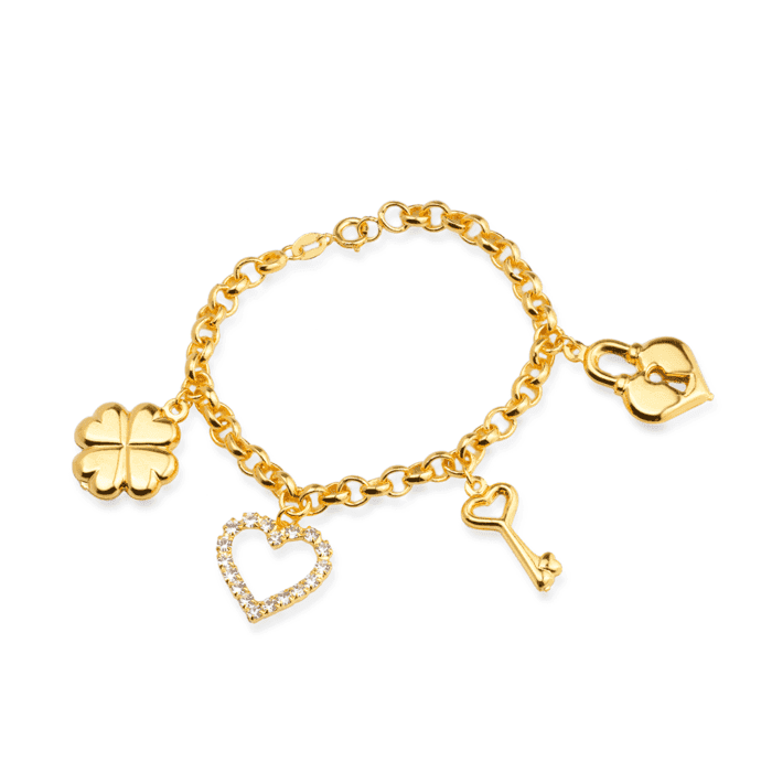 Pulseira Dourada Elo Português com Coração, Cadeado, Trevo e Chave - Imagem 1