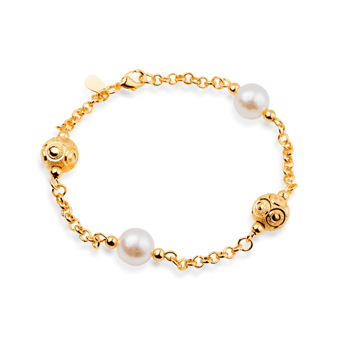 Pulseira Dourada Elo Português com Pérolas e Esferas Vazadas - Imagem 1