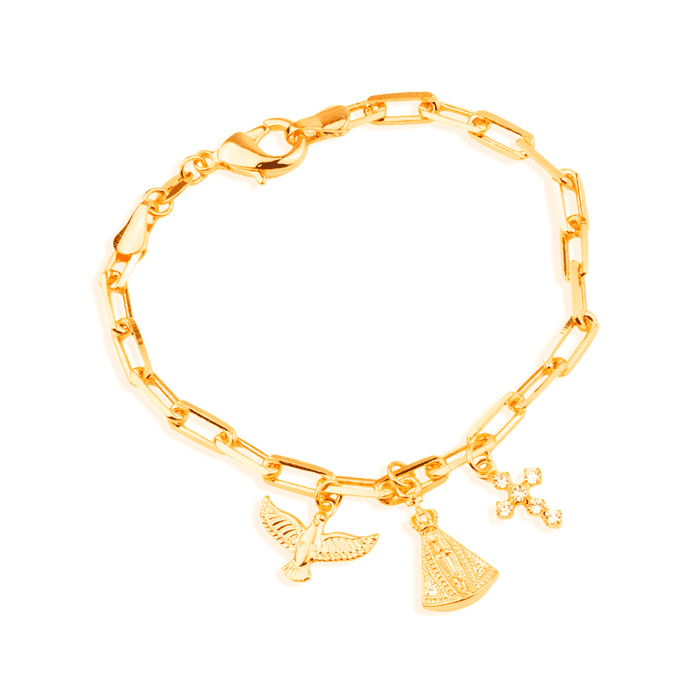 Pulseira Dourada Religiosa Nossa Senhora, Espírito Santo e Cruz Cravejada de Zircônia - Imagem 1