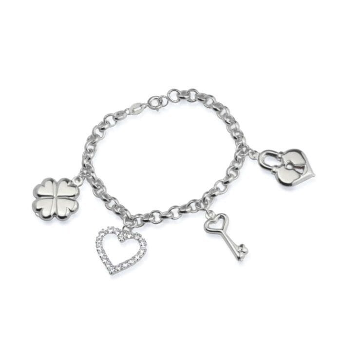 Pulseira Dourada Elo Português com Coração, Cadeado, Trevo e Chave - Imagem 3