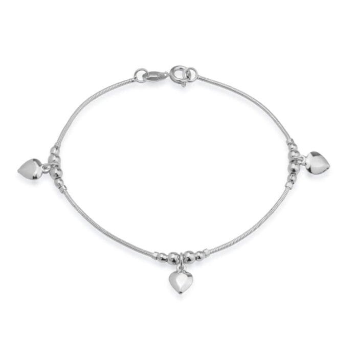Pulseira Prateada Lisa com 3 Pingentes de Coração - Imagem 1