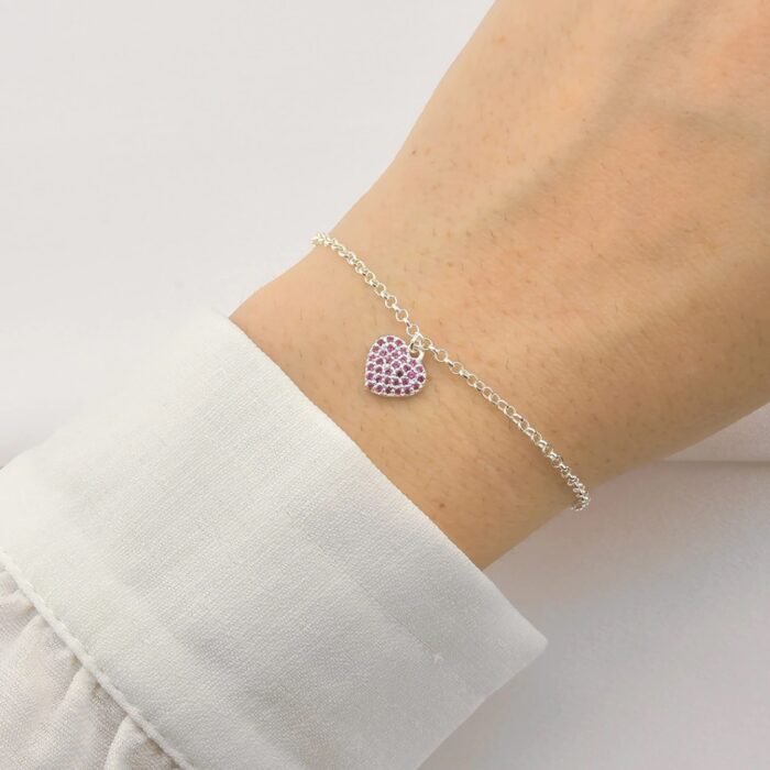 Pulseira Coração Rosa em Prata 925 com Zircônias - Imagem 1