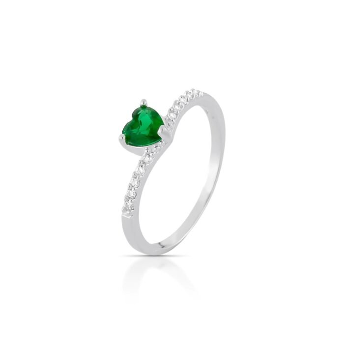 Anel Solitario Coração Verde – Prata 925 com Zircônias - Imagem 1