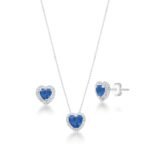 Conjunto Coração em Prata 925 com Pedra Azul e Zircônias