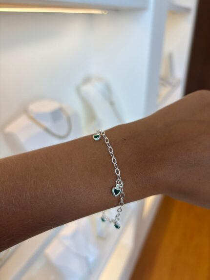 Pulseira Elos com Pingentes Coração Verde - Prata 925